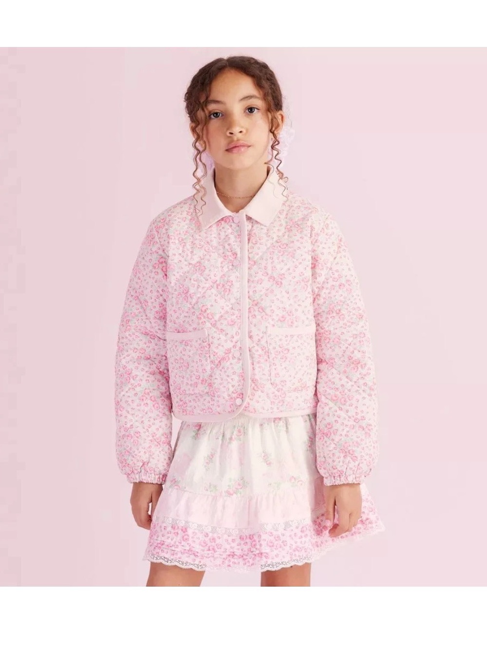 LoveShackFancy Rose Pink XL  Girls' Charlotte Roseheart Quilted Barn Jacket - NW